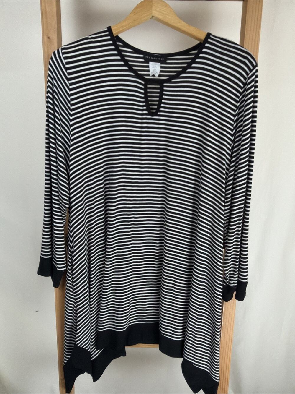 Sea & Anchor Black White Striped High Low Hem Pockets Tunic Top #1034 Size XXL